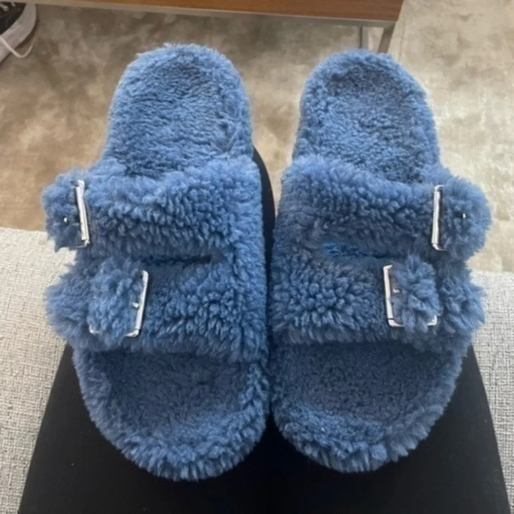Teddy Slippers Plush Slides Blue Size 11 or Size 12
